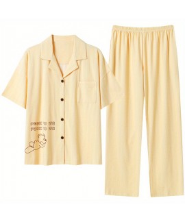 Plaid Pajama Set, Short Sleeve Button Up Top & Elastic Waistband Pants, Women's Sleepwear & Loungewear 