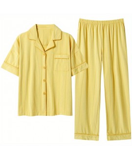 Plaid Pajama Set, Short Sleeve Button Up Top & Elastic Waistband Pants, Women's Sleepwear & Loungewear 