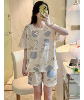 Cartoon Duck Print Pajama Set, Short Sleeve Crew Neck Top & Elastic Waistband Shorts, Women's Sleepwear & Loungewear 