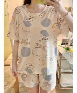 Cartoon Duck Print Pajama Set, Short Sleeve Crew Neck Top & Elastic Waistband Shorts, Women's Sleepwear & Loungewear 