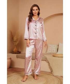 Print Satin Pajama Set, Long Sleeve Lapel Top & Elastic Waistband Pants, Women's Sleepwear & Loungewear 
