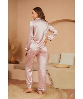 Print Satin Pajama Set, Long Sleeve Lapel Top & Elastic Waistband Pants, Women's Sleepwear & Loungewear 