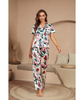 Floral Print Satin Pajama Set, Short Sleeve Button Up Top & Elastic Waistband Pants, Women's Sleepwear & Loungewear 