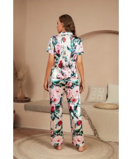 Floral Print Satin Pajama Set, Short Sleeve Button Up Top & Elastic Waistband Pants, Women's Sleepwear & Loungewear 