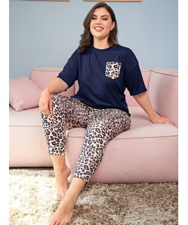 Plus Size Casual Pajama Set Womens Plus Leopard Print Short Sleeve Top Pants Pajama Two Piece Set 