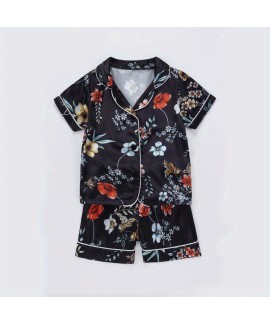 Kids Satin Pajamas Sets Girls Boys Button Down Pjs Short Sleeve Silk Nightwear 2 Piece Lounge Set Rose Flowers Patterns 