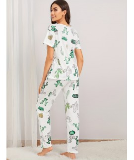 Cartoon Print Pajama Set Short Sleeve Crew Neck Top Elastic Waistband Pants Womens Sleepwear Loungewear 