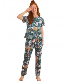 Cartoon Print Pajama Set Short Sleeve Crew Neck Top Elastic Waistband Pants Womens Sleepwear Loungewear 