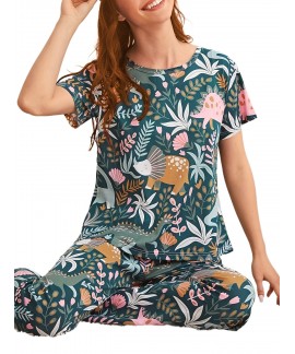 Cartoon Print Pajama Set Short Sleeve Crew Neck Top Elastic Waistband Pants Womens Sleepwear Loungewear 