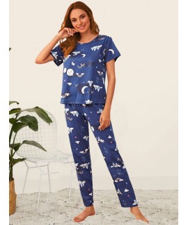 Cartoon Print Pajama Set Short Sleeve Crew Neck Top Elastic Waistband Pants Womens Sleepwear Loungewear 