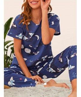 Cartoon Print Pajama Set Short Sleeve Crew Neck Top Elastic Waistband Pants Womens Sleepwear Loungewear 