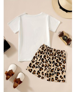 Kid Girls 2 Piece Leopard Heart Graphic Short Sleeve Tee Shirt And Short Loungewear Shorts Suit Pajama Set 