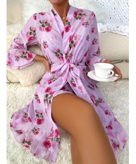 Floral Print Pajama Set Flare Sleeve V Neck Robe Contrast Lace Split Slip Dress Womens Sleepwear Loungewear 