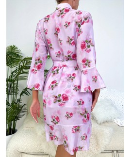 Floral Print Pajama Set Flare Sleeve V Neck Robe Contrast Lace Split Slip Dress Womens Sleepwear Loungewear 