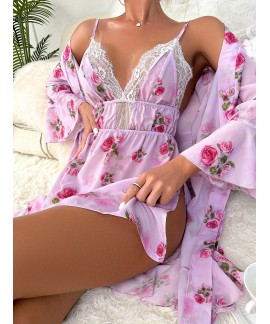 Floral Print Pajama Set Flare Sleeve V Neck Robe Contrast Lace Split Slip Dress Womens Sleepwear Loungewear 