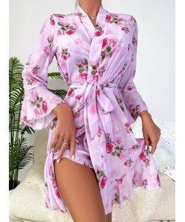 Floral Print Pajama Set Flare Sleeve V Neck Robe Contrast Lace Split Slip Dress Womens Sleepwear Loungewear 