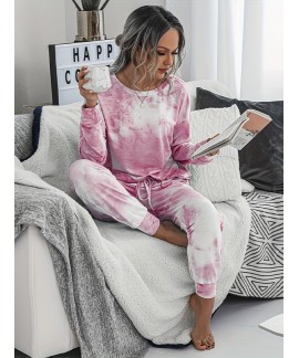 Two Piece Lounge Outfit Drop Shoulder Long Sleeve Top Pants Random Print Matching Loungewear Set Womens Clothing 