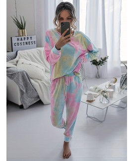 Two Piece Lounge Outfit Drop Shoulder Long Sleeve Top Pants Random Print Matching Loungewear Set Womens Clothing 