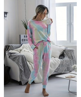 Two Piece Lounge Outfit Drop Shoulder Long Sleeve Top Pants Random Print Matching Loungewear Set Womens Clothing 