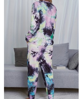 Two Piece Lounge Outfit Drop Shoulder Long Sleeve Top Pants Random Print Matching Loungewear Set Womens Clothing 