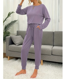 Two Piece Lounge Outfit Drop Shoulder Long Sleeve Top Pants Random Print Matching Loungewear Set Womens Clothing 