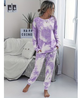 Two Piece Lounge Outfit Drop Shoulder Long Sleeve Top Pants Random Print Matching Loungewear Set Womens Clothing 