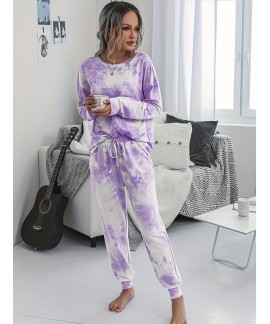 Two Piece Lounge Outfit Drop Shoulder Long Sleeve Top Pants Random Print Matching Loungewear Set Womens Clothing 