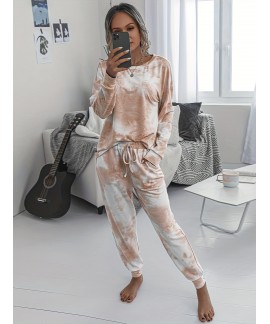 Two Piece Lounge Outfit Drop Shoulder Long Sleeve Top Pants Random Print Matching Loungewear Set Womens Clothing 