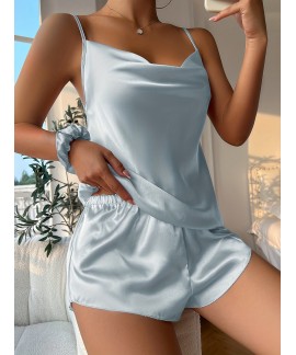Solid Satin Pajama Set V Neck Cami Top Elastic Waistband Shorts Womens Sleepwear Loungewear 
