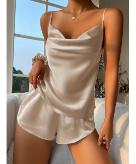 Solid Satin Pajama Set V Neck Cami Top Elastic Waistband Shorts Womens Sleepwear Loungewear 