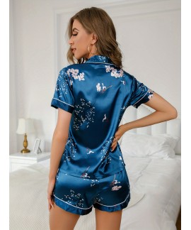 Floral Print Pajama Set Short Sleeve Button Up Top Elastic Waistband Shorts Womens Sleepwear Loungewear 