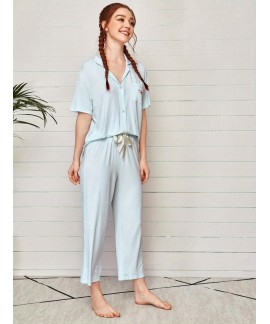 Floral Print Pajama Set, Short Sleeve Button Up Top & Elastic Waistband Pants, Women's Sleepwear & Loungewear 