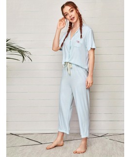 Floral Print Pajama Set, Short Sleeve Button Up Top & Elastic Waistband Pants, Women's Sleepwear & Loungewear 