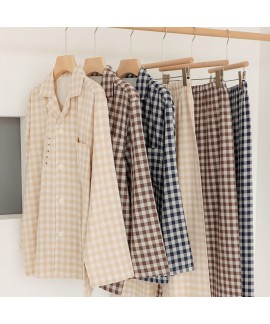 Men's Japanese-style non-printed non-side seam double-layer cotton yarn plaid long-sleeved trousers pajamas home service set