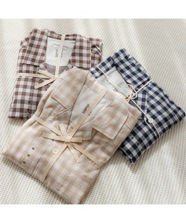 Men's Japanese-style non-printed non-side seam double-layer cotton yarn plaid long-sleeved trousers pajamas home service set