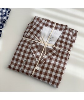 Men's Japanese-style non-printed non-side seam double-layer cotton yarn plaid long-sleeved trousers pajamas home service set