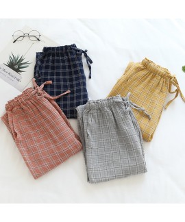 Japanese plaid pajama pants women's pure cotton gauze spring and summer thin section ladies home pants trousers can be worn outside large size home