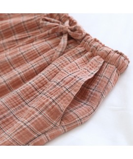 Japanese plaid pajama pants women's pure cotton gauze spring and summer thin section ladies home pants trousers can be worn outside large size home