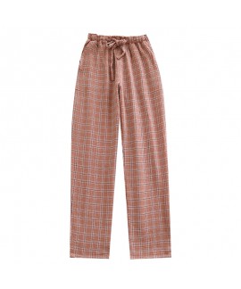 Japanese plaid pajama pants women's pure cotton gauze spring and summer thin section ladies home pants trousers can be worn outside large size home