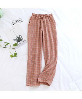 Japanese plaid pajama pants women's pure cotton gauze spring and summer thin section ladies home pants trousers can be worn outside large size home