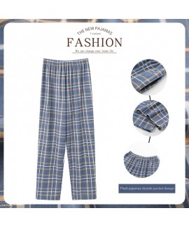 Swallow Village Spring Autumn New Men's Sleep Pants Plaid Pants Long Pants Knitted Cotton Loose Plus Size Men's Home Pants