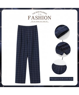 Swallow Village Spring Autumn New Men's Sleep Pants Plaid Pants Long Pants Knitted Cotton Loose Plus Size Men's Home Pants