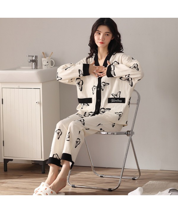 GETADME 2PCS/Set Women's Long Sleeve Loose Breathable Student Sleepwear Loungewear Cardigan Gray Striped Girl Fashion Pajamas Homewear