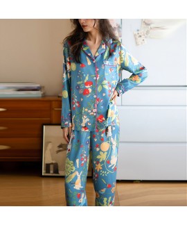 Pastoral style~Changshun Icelandic silk lapel women's long-sleeved trouser suit casual loose pajamas pajamas home clothes