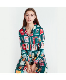 Mysterious Book Print Iceland Silk Satin Pajama Suit for Women - Thin Long-Sleeved Jumpsuit