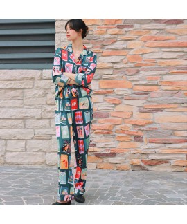 Mysterious Book Print Iceland Silk Satin Pajama Suit for Women - Thin Long-Sleeved Jumpsuit