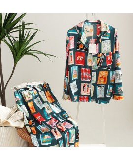 Mysterious Book Print Iceland Silk Satin Pajama Suit for Women - Thin Long-Sleeved Jumpsuit