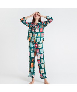 Mysterious Book Print Iceland Silk Satin Pajama Suit for Women - Thin Long-Sleeved Jumpsuit