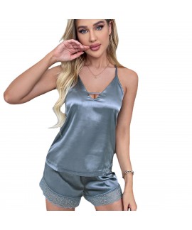 European-style Spring/Summer Imitation Silk Strap T-shirt Short-Sleeved Home Clothing Suit for Women