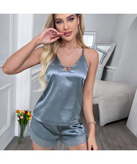 European-style Spring/Summer Imitation Silk Strap T-shirt Short-Sleeved Home Clothing Suit for Women